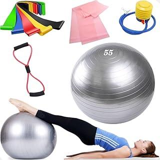 Kit Pilates e Yoga, Bola 55cm Antiestouro com Bomba de Ar, 7 Faixas Elásticas, Suporta 200kg
