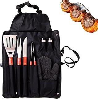 Kit Churrasco 8 Peças com Avental, Utensílios em Aço Inox, Cabo em Madeira Envernizada, Inclui Faca, Garfo, Espátula, Pegador, Luva Térmica, Saleiro e Paliteiro