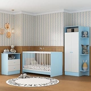 Jogo de Quarto de Bebe Infantil Completo com Colchão Incluso Trevalla Móveis Pom Pom - Azul/branco
