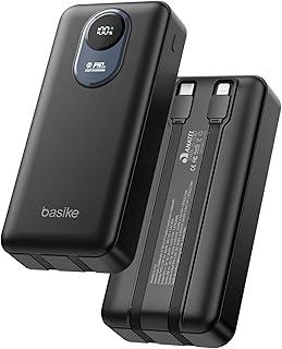Basike Power Bank 20000mAh, Carregador Portátil com Carregamento Rápido, USB-C (máx. 20W, PD) + USB-A (máx. 22,5W QC), Inclui 2 Cabos Embutidos (USB-C e Lightning), Proteção Múltipla – Preto
