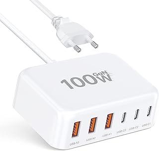 Carregador rápido USB C, hub de carregamento tipo cubo com 6 portas GaN de 100 W, adaptador de tomada com extensão para iPad, iPhone 16/15/14/13/12 Pro Max, Pixel, Note, Galaxy, cabo de 1,5 m