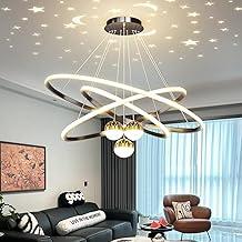 Lustre LED Dimerizável com Projeção de Galáxia e 3 Anéis | Luminária Pendente para Sala de Jantar sobre Mesa, Ilha de Cozinha, Sala de Estar e Quarto com 3 Cores (Preto)