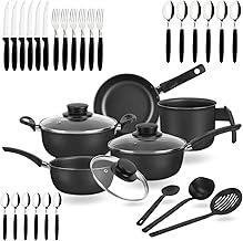 Jogo de Panelas Antiaderente Elegan 33 Peças C/Talheres Tampa de Vidro Alumínio Conjunto Facas Colheres Completo - Dona Chefa