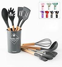Kit 12 Utensílios de Cozinha em Silicone com Cabo de Madeira, Antiaderente, Resistente ao Calor, Cores Sortidas