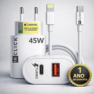 Carregador Turbo 45W Compatível iPhone 7 8 X XR XS 11 12 13 14 Pro Max Plus iPad iOS Cabo USB-C Lightning Duas Saídas USB-A Tipo-C Carga Rápida PD Ultra Resistente Premium Original Potente 10CLICK®