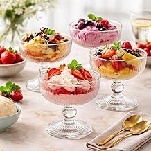 Conjunto de 4 Copos de Sobremesa, Vidro Transparente, 300ml, Base Elevada Tipo Taça, Acabamento Texturizado em Relevo