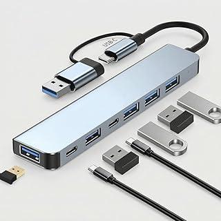 Hub USB C 7 em 2 com 5 Portas USB 3.0 e 2 Portas Tipo C, Adaptador Multiportas de Carregamento Rápido para Computadores, Notebooks, Tablets, Smartphones e PC