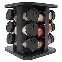 Porta Tempero Giratório 360° 12 Potes de Vidro 85ml Base Compacta Preta Tampa Dosadora 3 Níveis Organizador de Condimentos para Cozinha Suporte para Especiarias