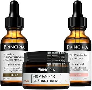 Principia Kit Anti-manchas Trio, fórmula em pó com 95% de Vitamina C Pura + Ácido Ferúlico, um sérum com 10% de Niacinamida + Zinco e um sérum com 5% de Cafeína + Ácido Tranexâmico