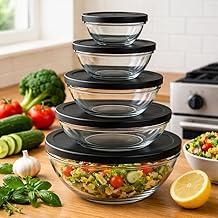 Conjunto de 5 Bowls de Vidro com Tampa Preta, Recipientes Herméticos para Alimentos, 140ml a 930ml, Transparente