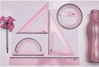 Kit Escolar Segundo Grau Maxcril New Line Rosa Pastel com Régua 30 cm, Esquadro 60°, Transferidor 180° e Transferidor 360° – Conjunto em Poliestireno 3 mm