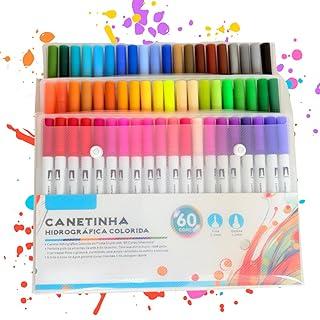 Canetinha Ponta Dupla para Colorir Kit Estojo de Canetas Escolar Marcador Coloridas Permanente Duas Pontas Desenho Ponta Fina (60)
