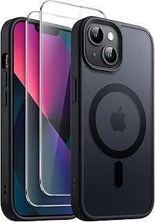 JETech 3 em 1 Capa Magnética para iPhone 13 mini 5,4 Polegadas com Protetor de Tela de Vidro Temperado de 2 Unidades, Compatível com MagSafe, Case Traseira Fosca Translúcida (Preto)