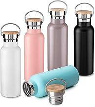 Garrafa de Água Térmica de 500ML em Aço Inox Com Parede Dupla Isolada a Vácuo, Tampa em Fibra De Bambu e Alça De Metal Com Detalhe Cromado e Pintura Fosca (Preto)
