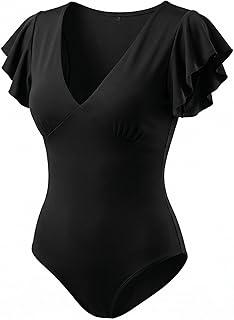 Maiô Preto 94% Poly + 6% Elástica | Modelo Decote V com Babados nas Alças e Controle de Barriga | Secagem Rápida para Praia e Piscina