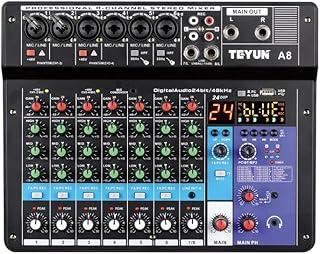TEYUN Mixer de Áudio Profissional A8, 8 Canais, Bluetooth, USB, Phantom Power 48V, Placa de Som Digital, Ideal para Gravação Transmissão ao Vivo Podcast e Produção Musical em Casa 7/6/5/4/3 corredor