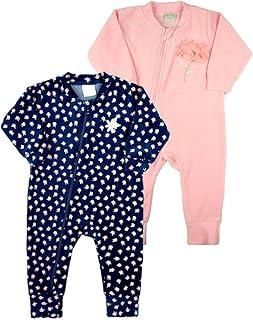 Macacao Bebe Plush Menina Kit 2 Macacão Flores Ziper Sem Pezinho