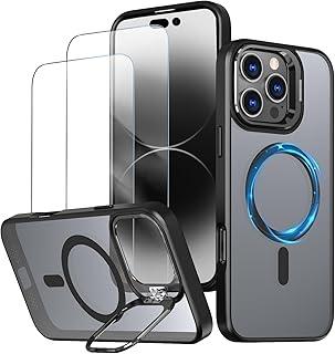 Capa magnética para iPhone 16 Pro Max Capinha - Inclui 2 protetores de tela [Suporte para celular] [Compatível com carregamento sem fio] Case Skin-touch para iPhone 16 Pro Max - Preto