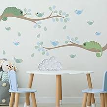 Adesivo de Parede Infantil Galhos e Pássaros com Camaleão (Colorido Menino)