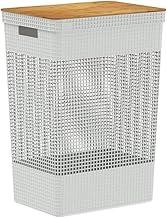 Ou Cesto de Roupas com Tampa de Bambu 49L Branco Oceano Linha Grid