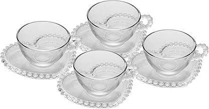 WOLFF - Conjunto 4 Xícaras de Chá de Cristal com Pires Coração 180ml - Linha Pearl