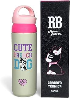 Rebecca Bonbon Garrafa Térmica Cute French Dog, 500ML, Design Decorativo, Tampa Rosa, Garrafinha Portátil para Bebidas Quentes e Frias (Off White)