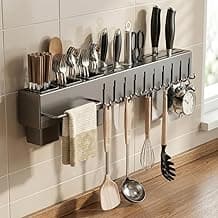 Escorredor Suspenso Inox para Utensílios com 3 Porta Talheres e Drenagem | Barra de Parede Multifuncional | Escorredor e Porta Utensílios | 59,5cm