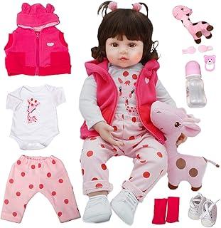 Bebê Reborn Boneca Menina Girafa de Silicone Olhos Castanhos 48cm Pode Dar Banho