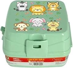 Lancheira Marmita Escolar Divertida Infantil Com 4 Divisórias Com 2 Compartimentos Cores E Desenhos (Verde Animais)