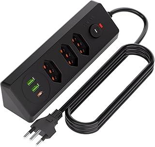 Extensao Eletrica, Extensão Tomada, Régua de Energia, 3 Tomadas, 2 Interfaces USB, 1 Porta USB Tipo-C, Cabo de Alimentação de 1,8 Metros, Suporte a Tensão de 100-240V, 16/20A, 4000W (Preto)
