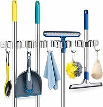 Suporte para Parede Porta Vassoura 3 Encaixes + 4 Ganchos de Aço Inox Prendedores Multiuso Reforçado Rodo Acessórios Ferramentas Pendurador Não Enferruja Prova de Água Utensilios Limpeza Cabideiro