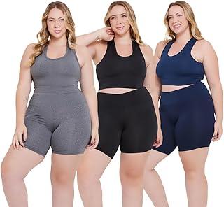 Kit 3 Conjuntos Plus Size Feminino, Academia, Short Cintura Alta e Top Nadador, Suplex