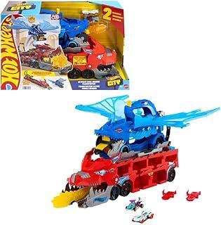 Dois dragões, um supercaminhão! O Transportador de Dragões Hot Wheels engole, lança e guarda carrinhos, com pistas e corridas radicais.