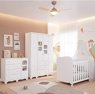Quarto de Bebê Completo Guarda Roupa Uli 4 Portas 3 Gavetas Berço Americano Uli Cômoda Uli 4 Gavetas 1 Porta Móveis Peroba Branco Brilho