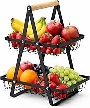 Fruteira Mesa Dois Andares Aramada Metálica Preta Alça Madeira Cesta Organizadora Decorativa Frutas Legumes