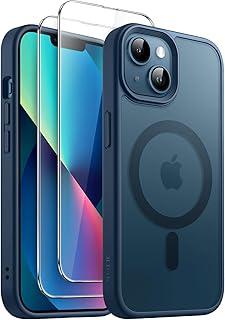 JETech 3 em 1 Capa Magnética para iPhone 13 6,1 Polegadas com Protetor de Tela de Vidro Temperado de 2 Unidades, Compatível com MagSafe, Case Traseira Fosca Translúcida (Azul Tempestade)