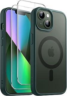 JETech 3 em 1 Capa Magnética para iPhone 13 mini 5,4 Polegadas com Protetor de Tela de Vidro Temperado de 2 Unidades, Compatível com MagSafe, Case Traseira Fosca Translúcida (Verde Escuro)