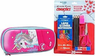 Kit Escolar Infantil Unicórnio 3D Rosa com Estojo | Material Escolar Completo para Menina | 20 Peças (Tesoura, Cola e Lápis)