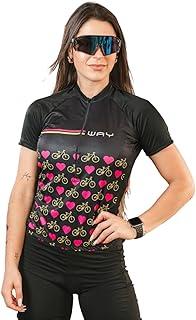 Camisa de Ciclismo Feminina Preta Estampa Coração Bicicleta Manga Curta Bolso Traseiro Zíper Frontal Slim