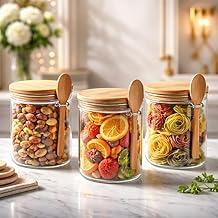 Kit 03 Potes de Mantimentos Herméticos 500ml Pote Redondo de Vidro Tampa De Bambu e Colher Acoplada de Bambu Linha Premium