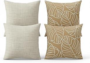 Kit 4 Capas de Almofadas Decorativas 45x45 cm 2 Bege Linho e 2 Marrom com Folhas Tropicais Brancas
