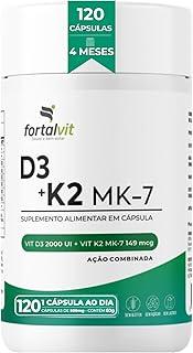 Vitamina D3 + K2 120 Cápsulas 4 Meses de Uso Longa Duração, 2000UI D3 149mcg Vitamina K2 MK-7, Fortalvit