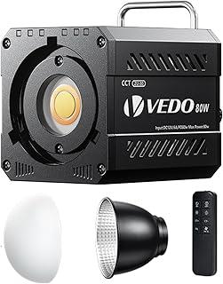 VEDO Luz fotográfica COB portátil de 80 W, ajuste de brilho de 0 a 100%, modo de alimentação dupla, luz de preenchimento de alta potência para transmissão ao vivo e gravação de vídeo