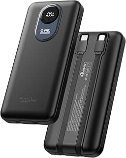 Basike Power Bank 10000mAh, Carregador Portátil com Indicador Digital de Bateria, Carregamento rápido USB-C 20W PD (máx.) + USB-A 22,5W QC (máx.), Cabos Integrados, Design Leve e Portátil (Preto)
