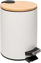 LYOR - Lixeira Redonda De Metal Com Pedal e Tampa Em Bambu Branca 3L
