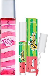 Kit Body Splash Blow Morango com Creme Gloss Labial Melancia Hot Flowers Vibra e Gela Aroma Delicioso