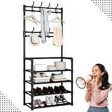 Sapateira Organizador com Cabideiro de Chão e 4 Prateleiras | Arara Multiuso Vertical para Roupas, Bolsas e Sapatos (Preto)