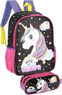 Kit Mochila Escolar Infantil Menina de Costas e Estojo Unicórnio Passeio Lazer Grande 16 Litros