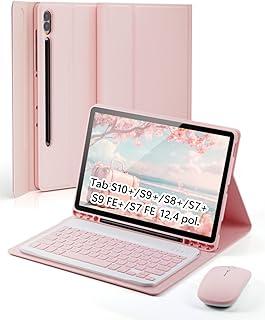 Capa Teclado para Samsung Galaxy Tab S10+ e S9 FE+ e S9+ e S8+ e S7 FE e S7+ (Plus) 12,4 polegadas Capinha [ suporte para Lápis embutido ] com [ Mouse ] - Rosa
