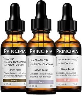 PRINCIPIA, Kit Trio Antimanchas, um com Niacinamida, um com Alfa-arbutin e um com mix de Cafeína + Ácidos Tranexâmico e Ferúlico